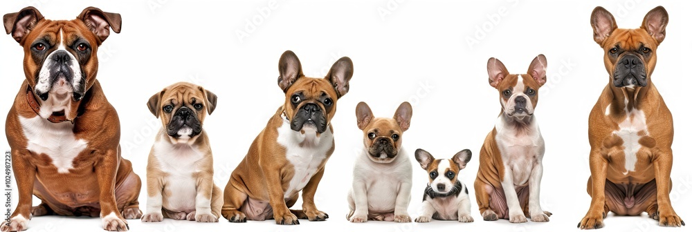Group of different French bulldogs and boxer dogs sitting together on white background, showcasing various sizes and expressions Group of different French bulldogs and boxer dogs sitting together on white background, showcasing various sizes and expressions