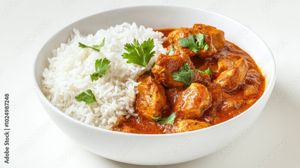 Delicious chicken curry paired with fragrant rice, isolated on a white background, capturing the essence of traditional Indian cuisine Delicious chicken curry paired with fragrant rice, isolated on a white background, capturing the essence of traditional Indian cuisine