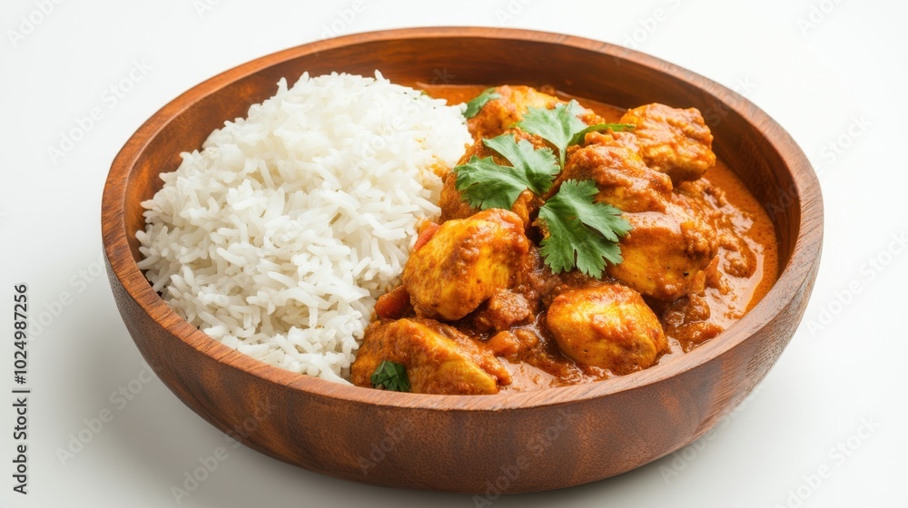Delicious chicken curry paired with fragrant rice, isolated on a white background, capturing the essence of traditional Indian cuisine Delicious chicken curry paired with fragrant rice, isolated on a white background, capturing the essence of traditional Indian cuisine