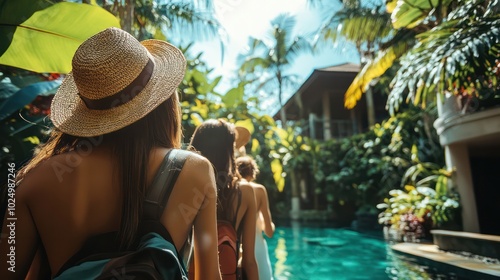 A diverse group from Indonesia, Malaysia, and Singapore checking into a luxurious eco-friendly hotel in a tropical setting, reflecting sustainable tourism photo