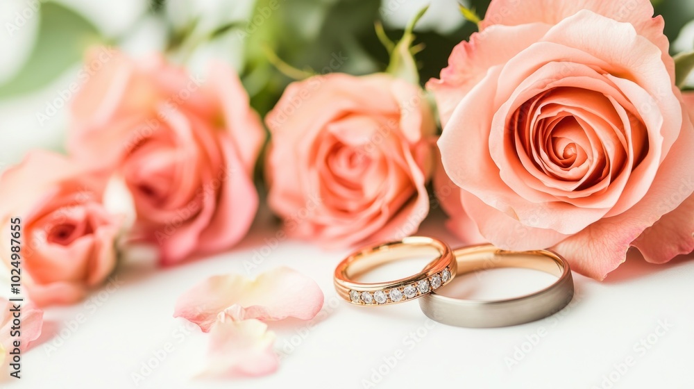 Two wedding rings beside pink roses and petals, symbolizing love and commitment. Two wedding rings beside pink roses and petals, symbolizing love and commitment.