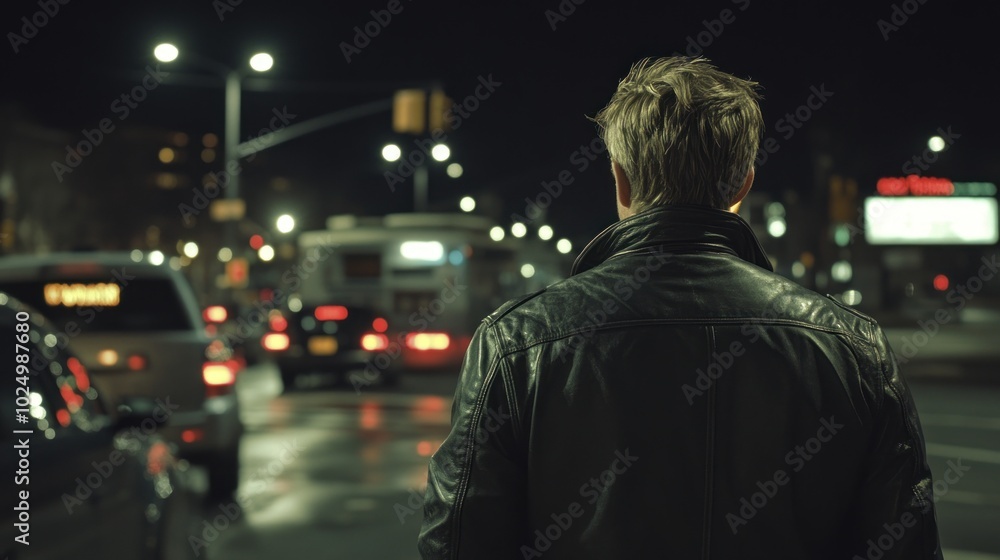 A person stands on a street at night, facing traffic and illuminated by city lights. A person stands on a street at night, facing traffic and illuminated by city lights.