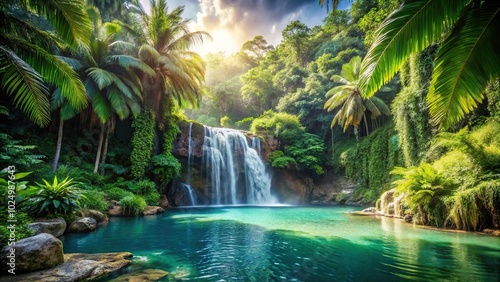 Fototapeta Naklejka Na Ścianę i Meble -  Tropical jungle with majestic waterfall and refreshing pool Close-Up