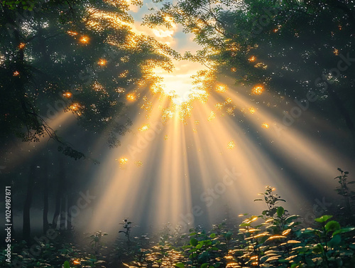 a sunset scene with rays of light streaming through trees onto a path. The light creates a warm and inviting atmosphere.