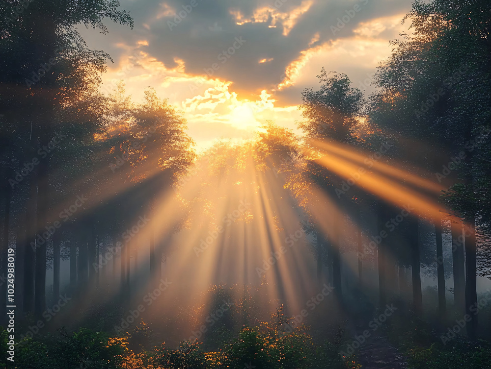 a sunset scene with rays of light streaming through trees onto a path. The light creates a warm and inviting atmosphere. a sunset scene with rays of light streaming through trees onto a path. The light creates a warm and inviting atmosphere.