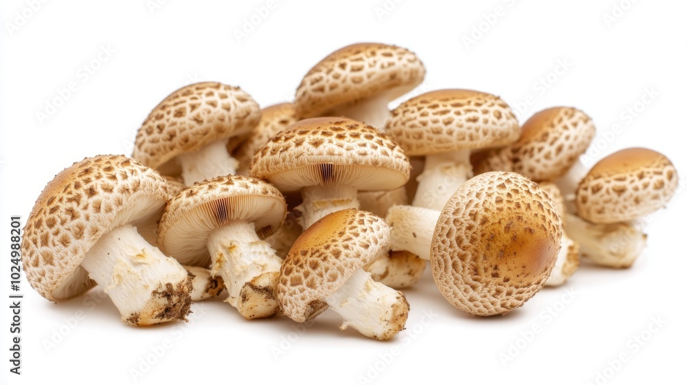 Edible Shimeji mushrooms with brown caps, isolated on a clean white background, showcasing their unique shape and texture Edible Shimeji mushrooms with brown caps, isolated on a clean white background, showcasing their unique shape and texture