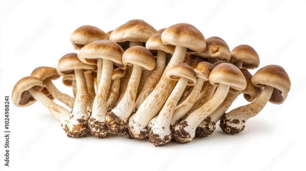 Fototapeta premium Edible Shimeji mushrooms with brown caps, isolated on a clean white background, showcasing their unique shape and texture