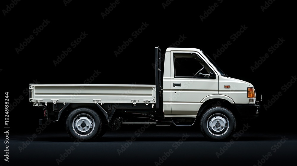 A side view of a white utility truck against a black background, showcasing its design and function. A side view of a white utility truck against a black background, showcasing its design and function.