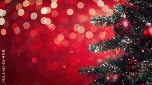 Christmas background with Xmas tree and sparkle bokeh lights. AI generated illustration.