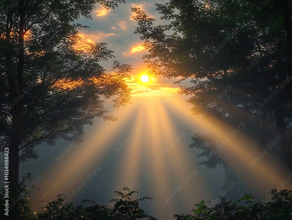 a sunset scene with rays of light streaming through trees onto a path. The light creates a warm and inviting atmosphere. a sunset scene with rays of light streaming through trees onto a path. The light creates a warm and inviting atmosphere.