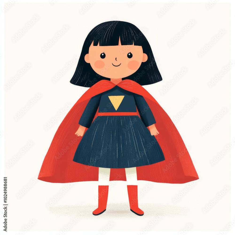 Fototapeta premium A cheerful superhero girl in a colorful costume with a red cape.