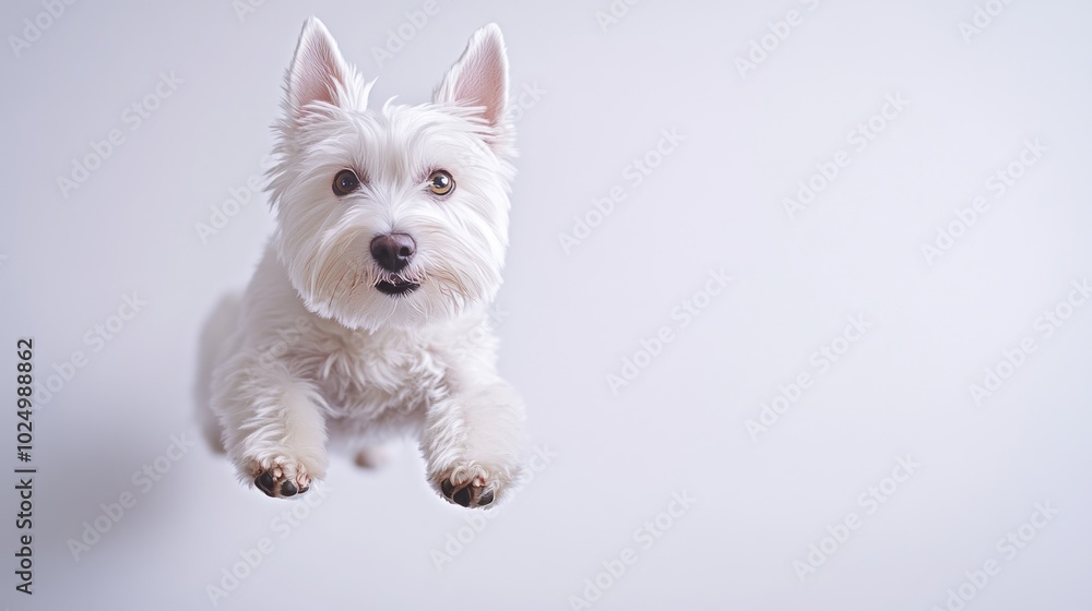 A small white dog appears to be jumping in a light, airy setting. A small white dog appears to be jumping in a light, airy setting.