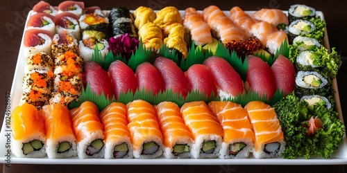 Sushi Delight, an artfully arranged platter showcasing a variety of colorful rolls in an elegant top view presentation