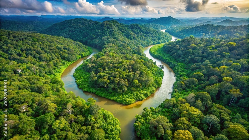Tropical rainforest with meandering river viewed from a tilted angle Tropical rainforest with meandering river viewed from a tilted angle
