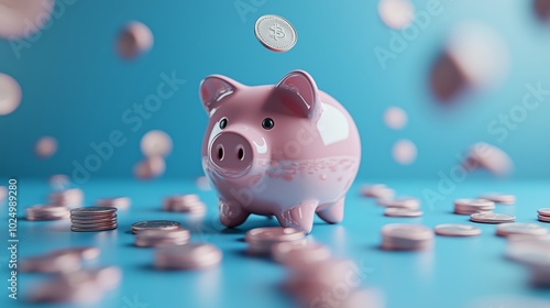 3D Render of Isolated Piggy Bank with Coins