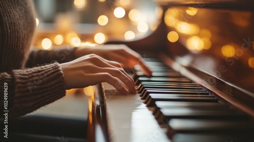 Close-up of Hands Playing Piano Keys with Warm Bokeh Lights