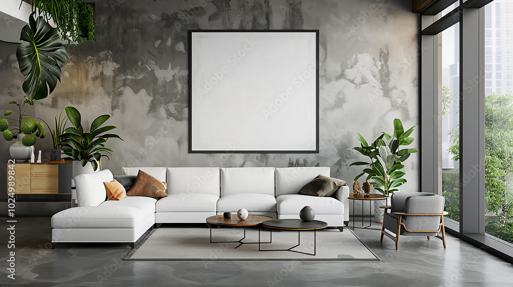 Mockup of a frame in a spacious living room, combining modern interior design with a perfect backdrop for posters or prints. Generative AI Mockup of a frame in a spacious living room, combining modern interior design with a perfect backdrop for posters or prints. Generative AI