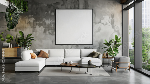 Mockup of a frame in a spacious living room  combining modern interior design with a perfect backdrop for posters or prints. Generative AI