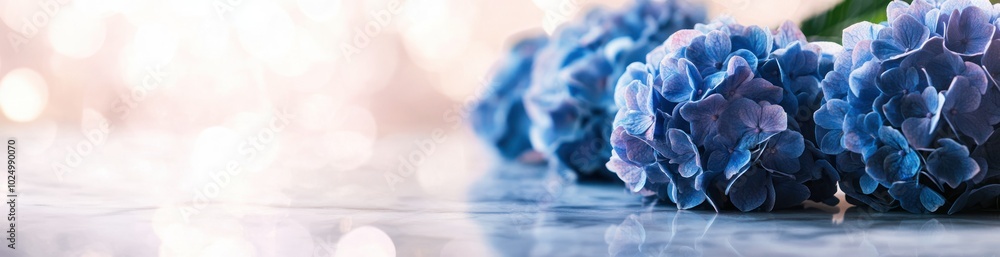 A serene arrangement of blue flowers on a reflective surface with a soft bokeh background. A serene arrangement of blue flowers on a reflective surface with a soft bokeh background.