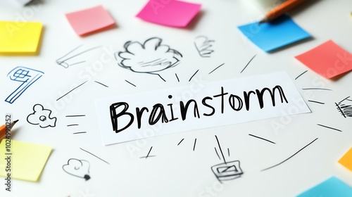 Close-up of a sticky note reading "Brainstorm" on a whiteboard, surrounded by strategy points in various colors, emphasizing creative thinking