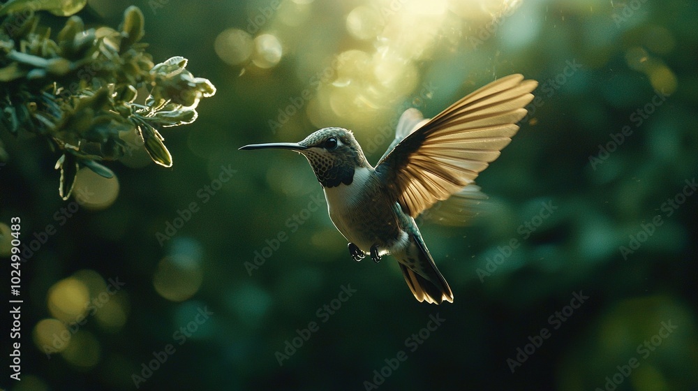 Naklejka premium Hummingbird flying in air with open wings, sun shining through trees in background