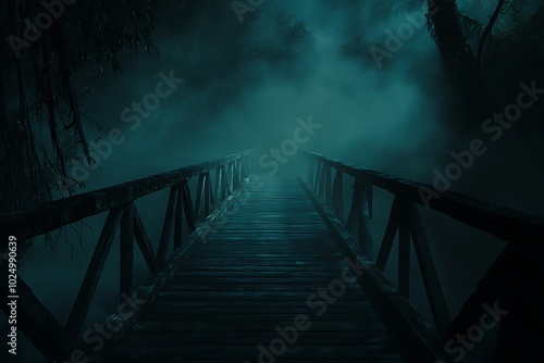 Mysterious foggy bridge in a dark forest setting photo