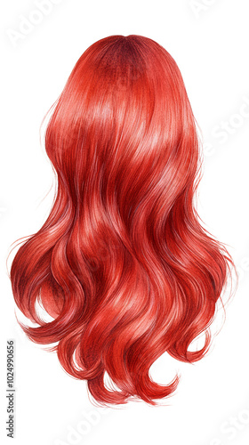 Vibrant red wavy hair isolated on white background, showcasing a striking hairstyle with glossy texture and cascading curls.