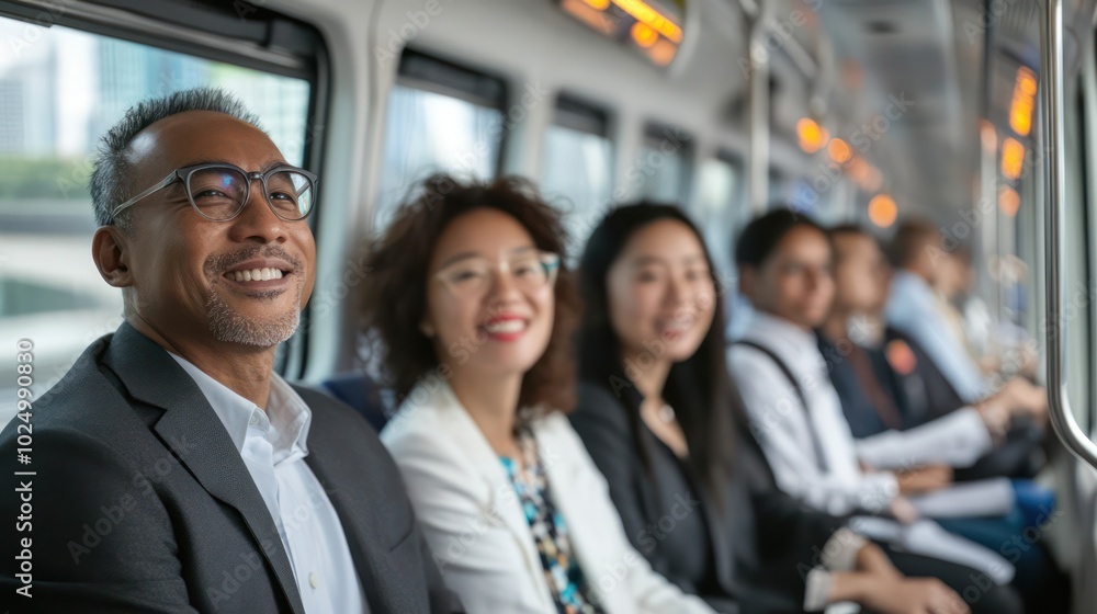 Fototapeta premium A diverse group from South Korea, Kenya, and Colombia commuting on a sleek, eco-friendly city train, blending sustainability with modern transport