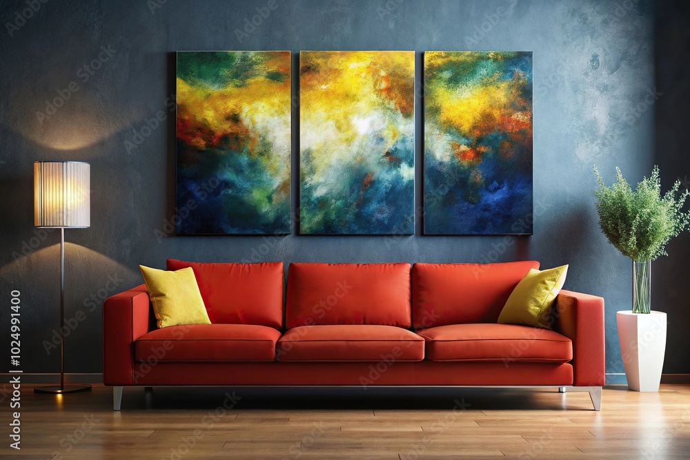 Bright abstract triptych on dark wall above red couch with yellow cushions, panoramic Bright abstract triptych on dark wall above red couch with yellow cushions, panoramic