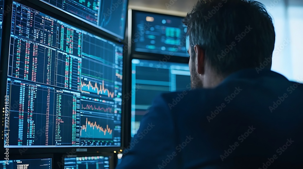 Professional trader analyzing financial data on multiple screens. Professional trader analyzing financial data on multiple screens.