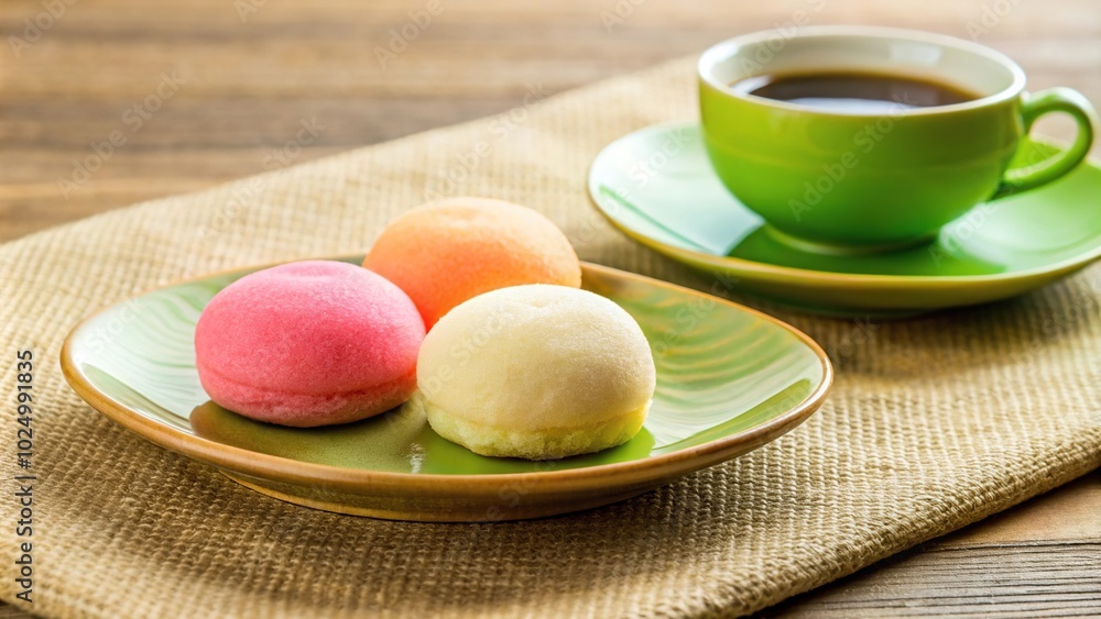 Bright and colorful mochi and coffee on plate and fabric background Bright and colorful mochi and coffee on plate and fabric background
