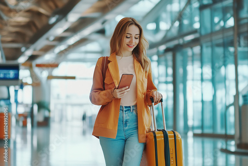 Young woman carrying suitcase and holding smartphone on hand, walking in airport terminal