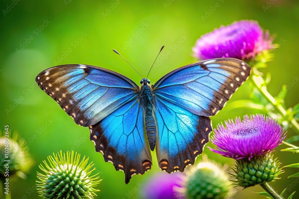 Bright blue tropical morpho butterfly on purple thistle flower in meadow Bright blue tropical morpho butterfly on purple thistle flower in meadow