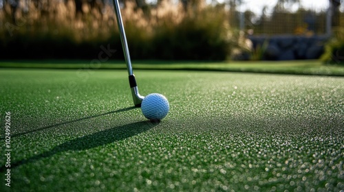 A set of golf clubs and a golf ball sitting on the green, ready for a round of golf.