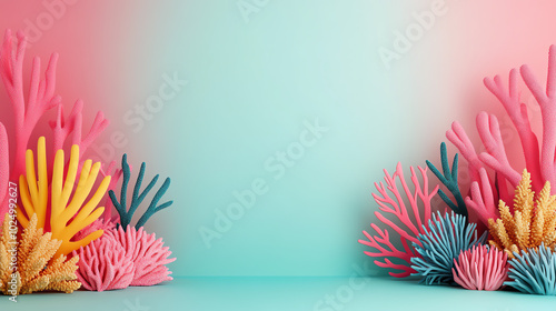 Vibrant artificial coral reef scene with colorful coral formations against a soft pastel background, showcasing oceanic beauty and biodiversity. photo