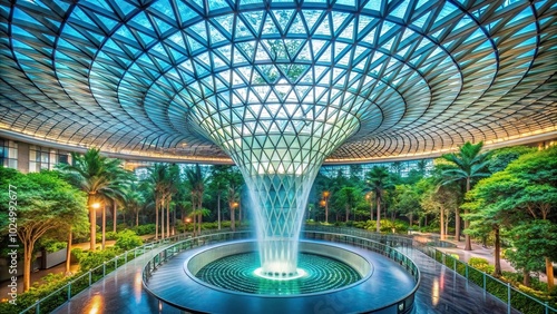 View of the Jewel Changi airport terminal with the leading lines of the big fountain photo