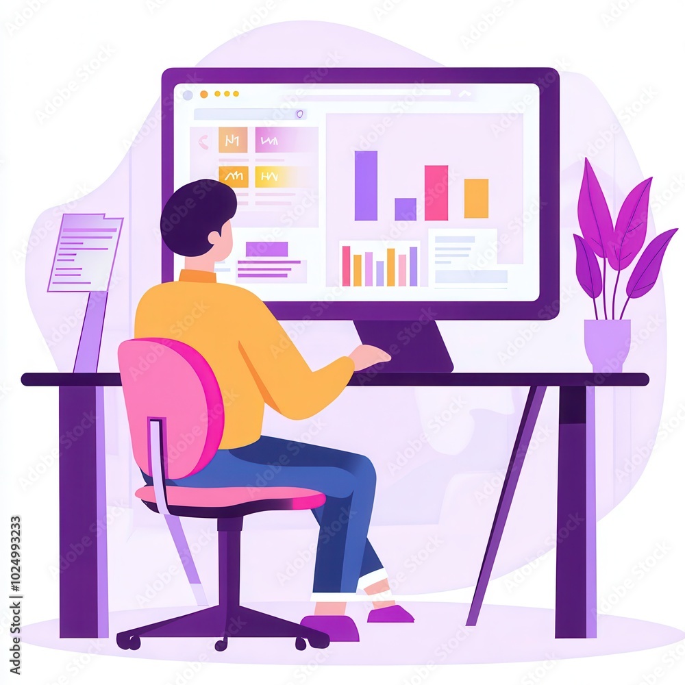 A person working on a computer, analyzing data with graphs and charts in a modern workspace. Ideal for business and productivity themes. A person working on a computer, analyzing data with graphs and charts in a modern workspace. Ideal for business and productivity themes.