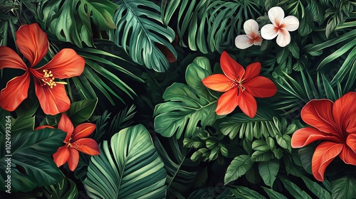 Vibrant tropical flowers and lush green leaves, nature background.