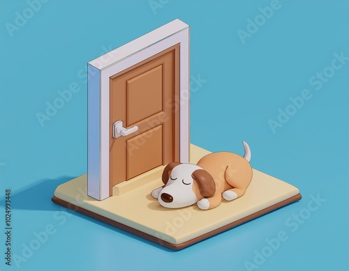 3D sleeping dog by a closed door photo