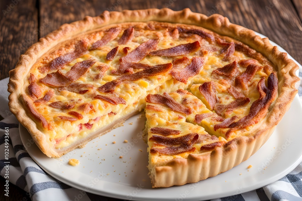 A french quiche lorraine with a flaky crust filled with eggs bacon and cheese, Ai Generated A french quiche lorraine with a flaky crust filled with eggs bacon and cheese, Ai Generated