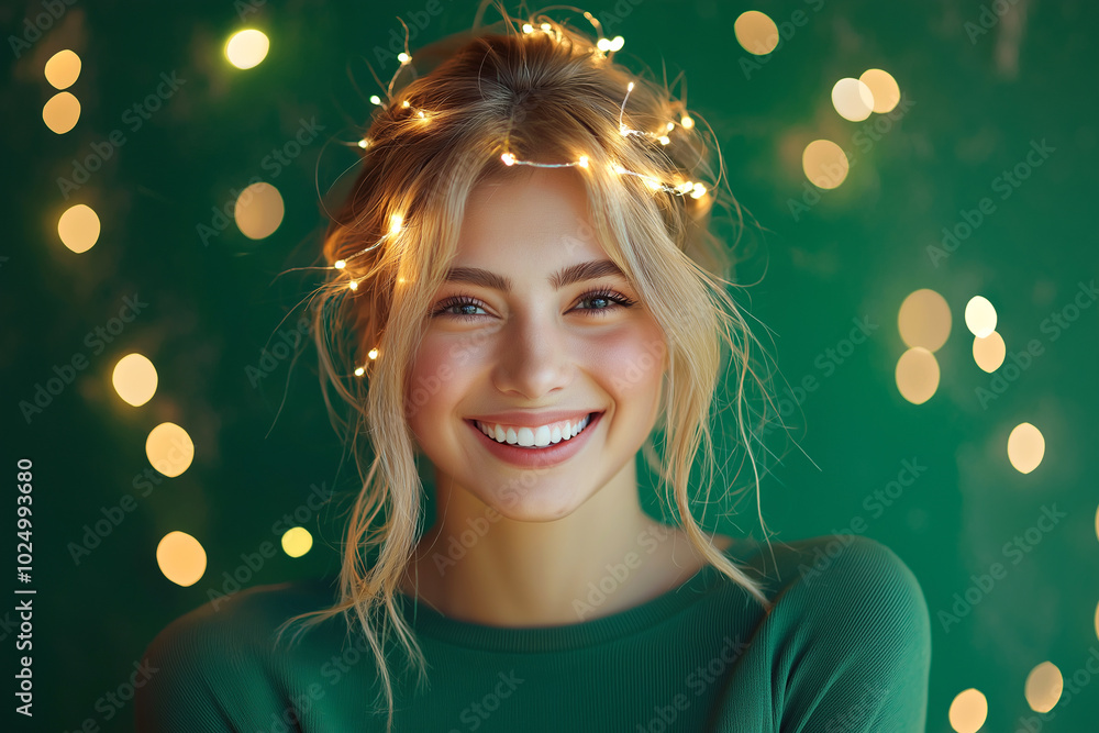 Happy young woman with glowing light strings around her head, a concept of mindfulness, meditation, creativity inspiration. Cozy home Christmas time, decorative Christmas twinkling string lights Happy young woman with glowing light strings around her head, a concept of mindfulness, meditation, creativity inspiration. Cozy home Christmas time, decorative Christmas twinkling string lights