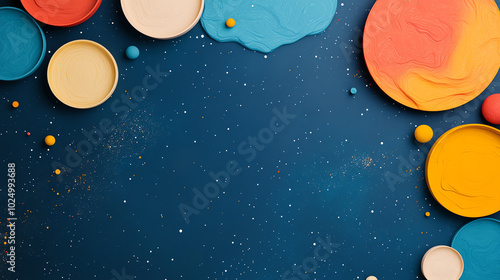 Colorful abstract shapes arranged on a textured blue background, creating a vibrant and artistic design perfect for various creative projects. photo