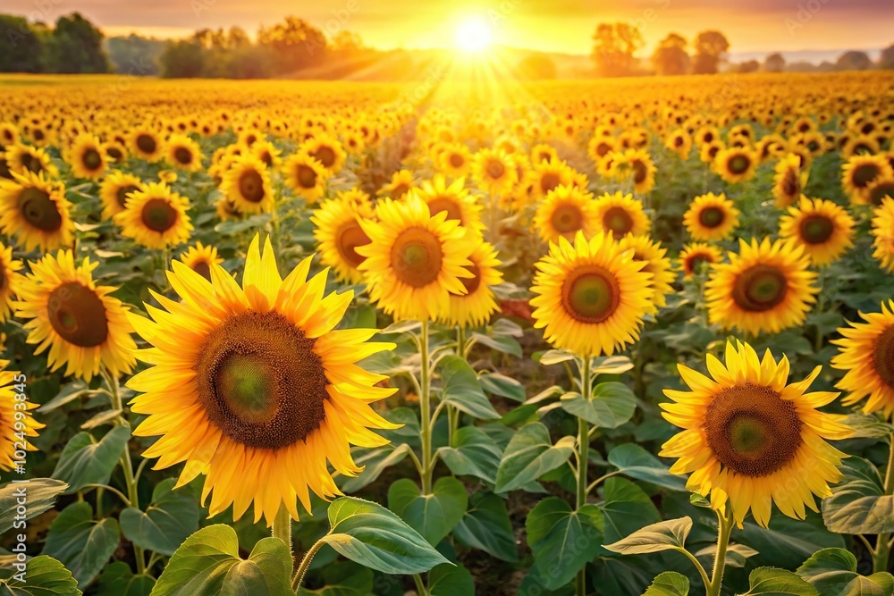 Fototapeta premium Bright golden sunflower field isolated background Bird Eye View