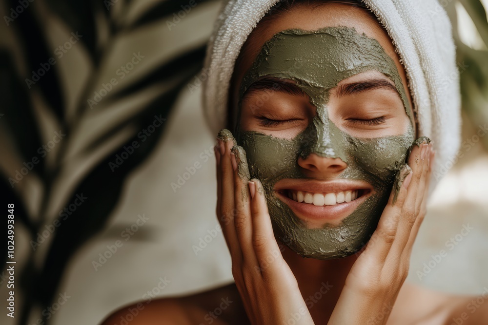 Woman Enjoying a Facial Treatment mud mask Woman Enjoying a Facial Treatment mud mask
