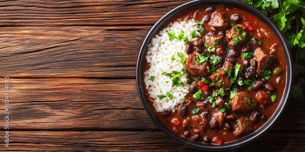 Brazilian Feijoada Delight, savory black beans and rice served in a vibrant bowl, showcasing traditional culinary flavors and textures. Brazilian Feijoada Delight, savory black beans and rice served in a vibrant bowl, showcasing traditional culinary flavors and textures.