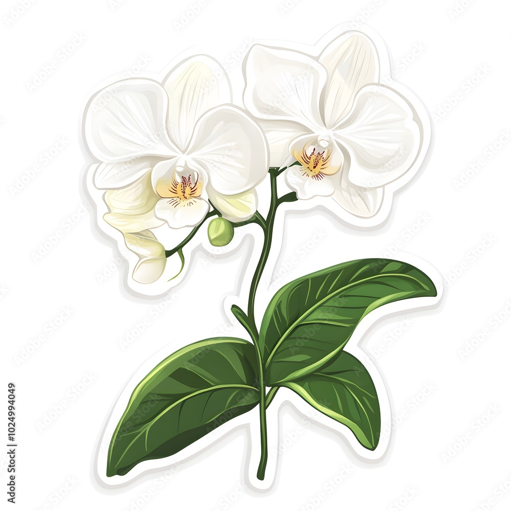 Fototapeta premium White Orchid Flower Stem Illustration Floral Design Botanical Art