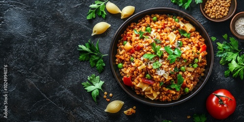 Egyptian koshari feast, vibrant lentils and pasta, artfully arranged, showcasing a traditional dish rich in flavor and culture.