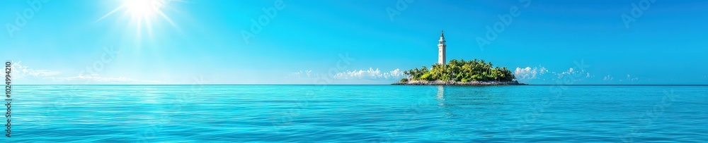 Obraz premium A stunning view of a serene island featuring a lighthouse amidst crystal clear waters, under a bright blue sky. Perfect for travel and nature themes.