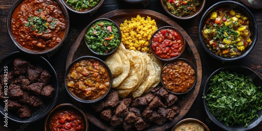 Ethiopian feast featuring injera with colorful stews, vibrant presentation, inviting and flavorful culinary experience, rich cultural heritage Ethiopian feast featuring injera with colorful stews, vibrant presentation, inviting and flavorful culinary experience, rich cultural heritage