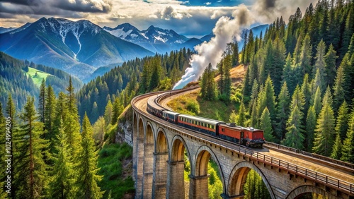 Vintage train crossing a mountain viaduct with forested peaks, high angle view